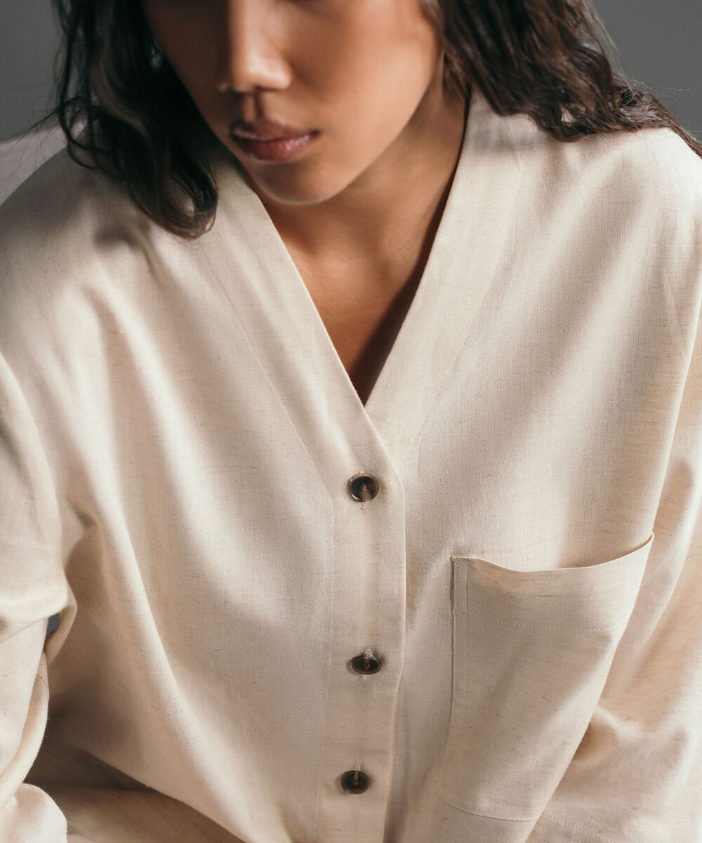 Women's Western Wear Beige V-Neck Linen Blend Shirt