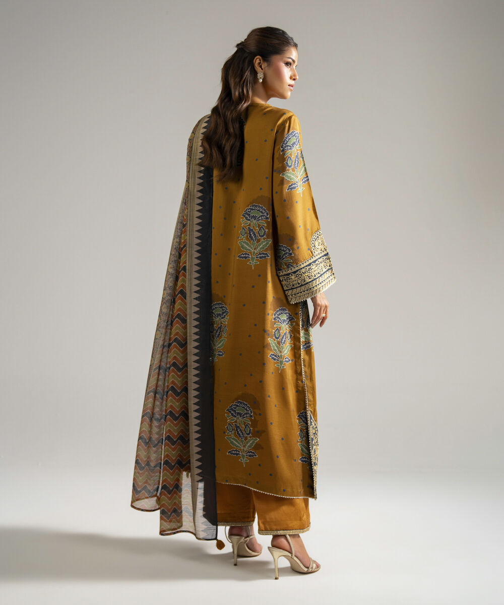 Women's RTW Bright Raw Silk Embroidered Mustard Brown 3 Piece Suit