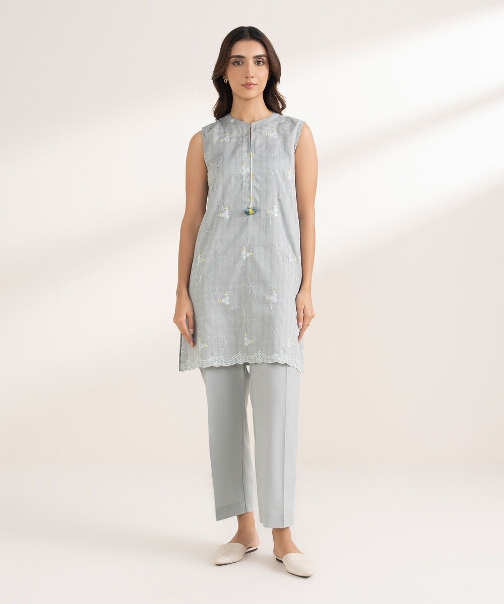 Women's RTW Textured Cotton Embroidered Straight Grey Shirt