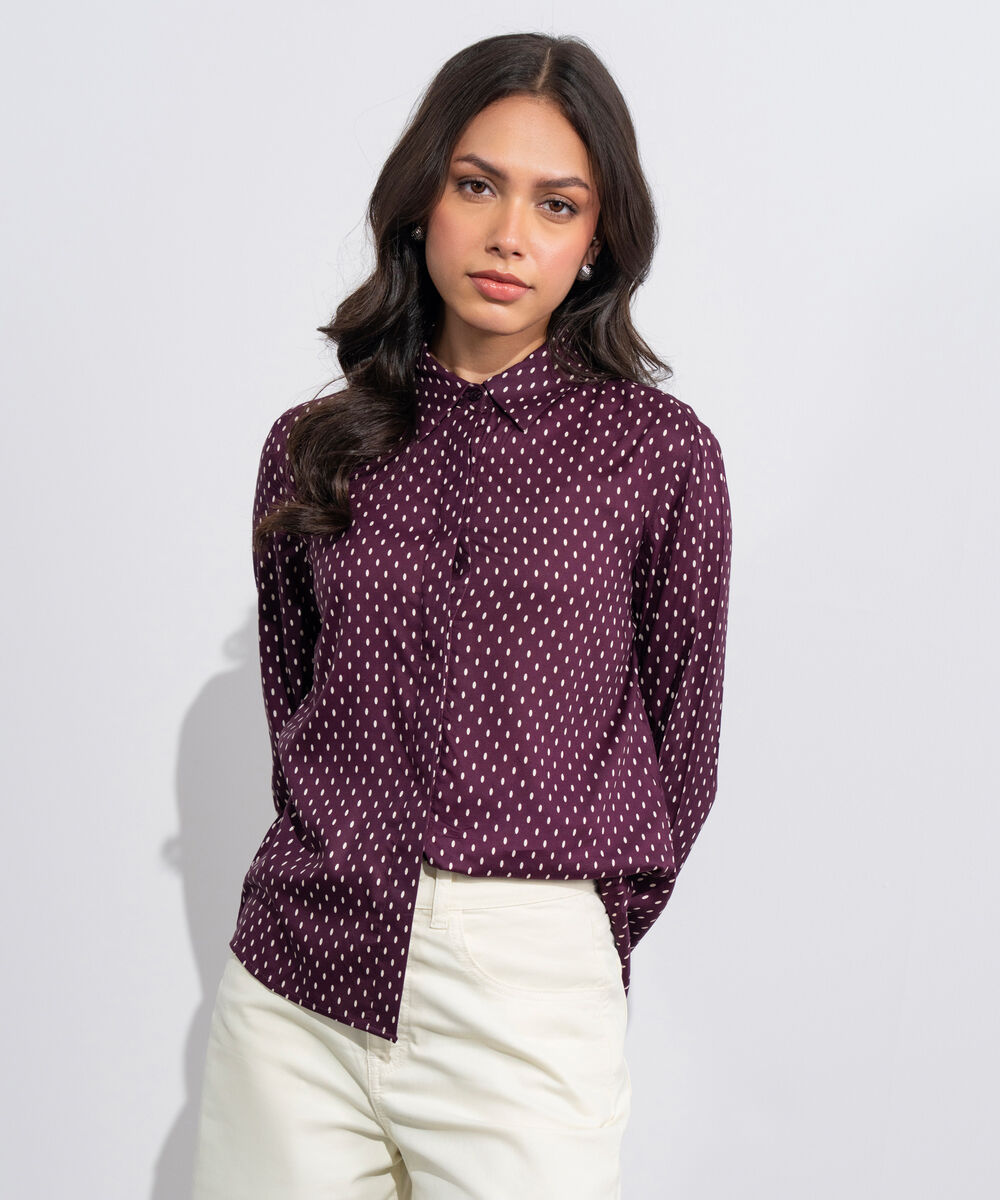 Women's Western Merlot And White Polka Dots Shirt