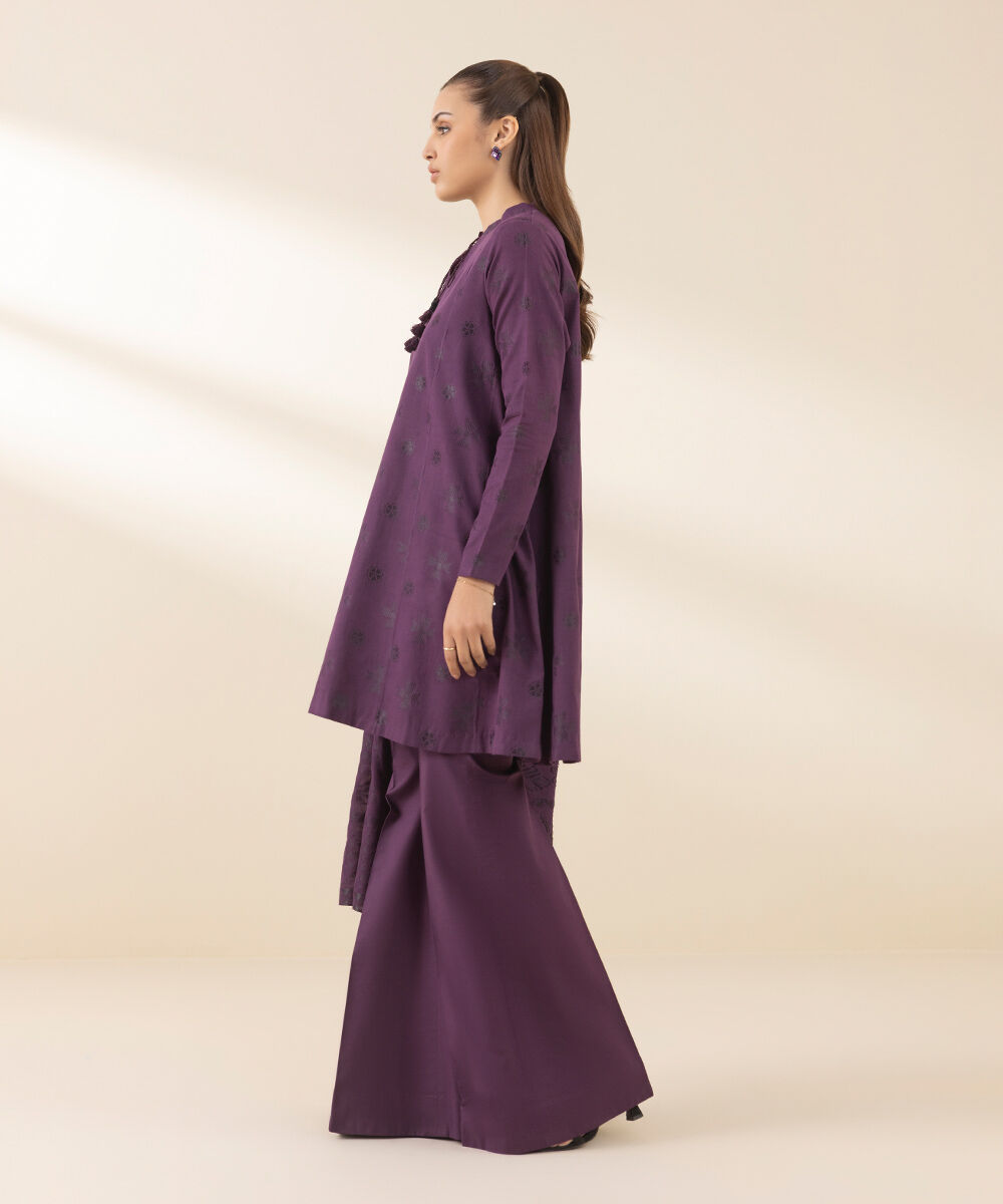 Unstitched Women's Printed Extra Weft Jacquard Purple Three Piece Suit