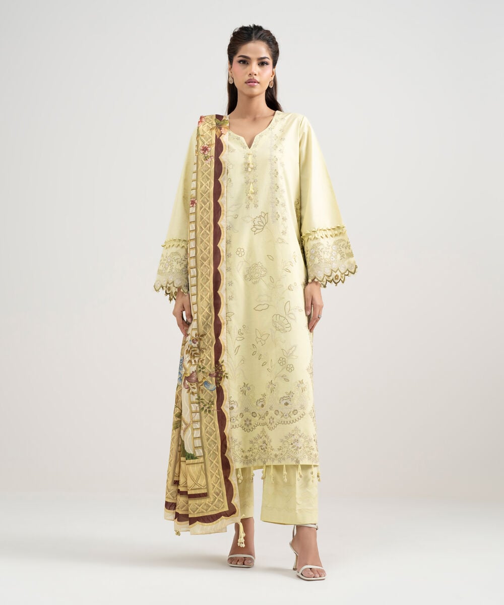 Women's Unstitched Lawn Embroidered Yellow 3 Piece Suit