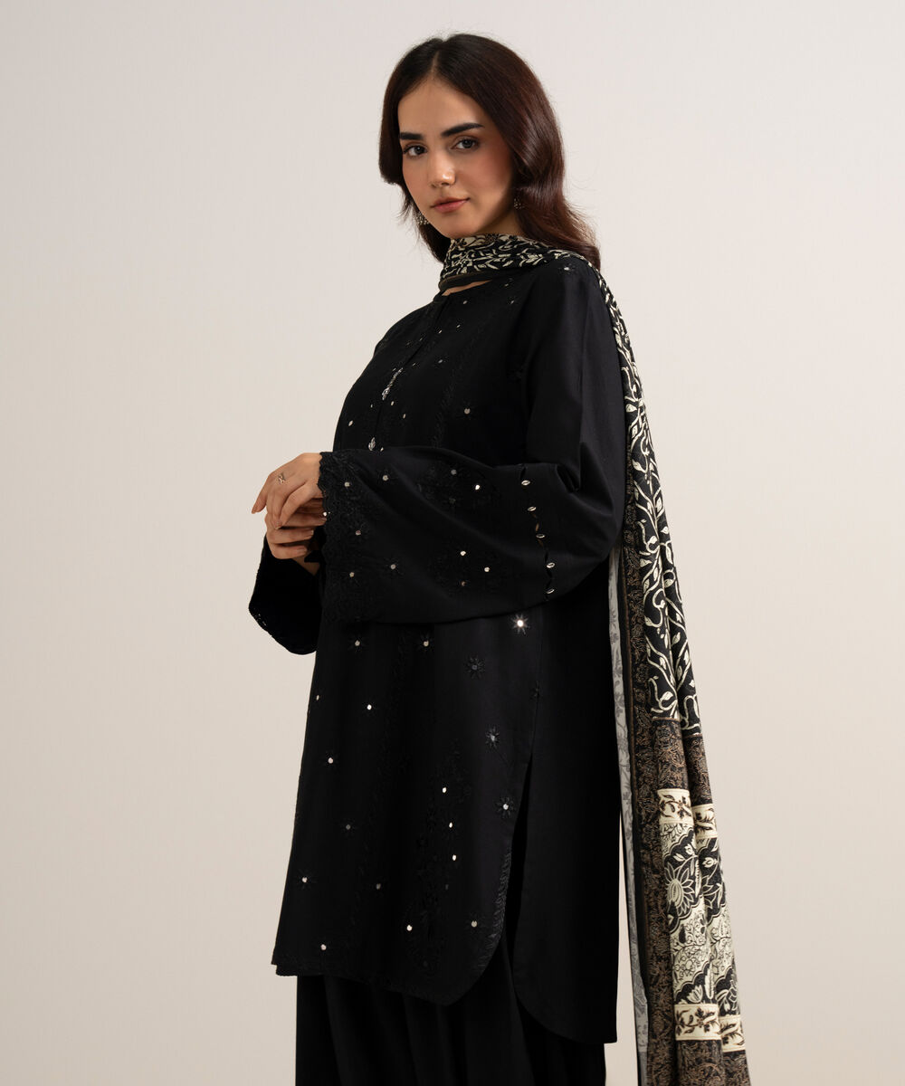 Women's Unstitched Embroidered Linen Black 3 Piece Suit