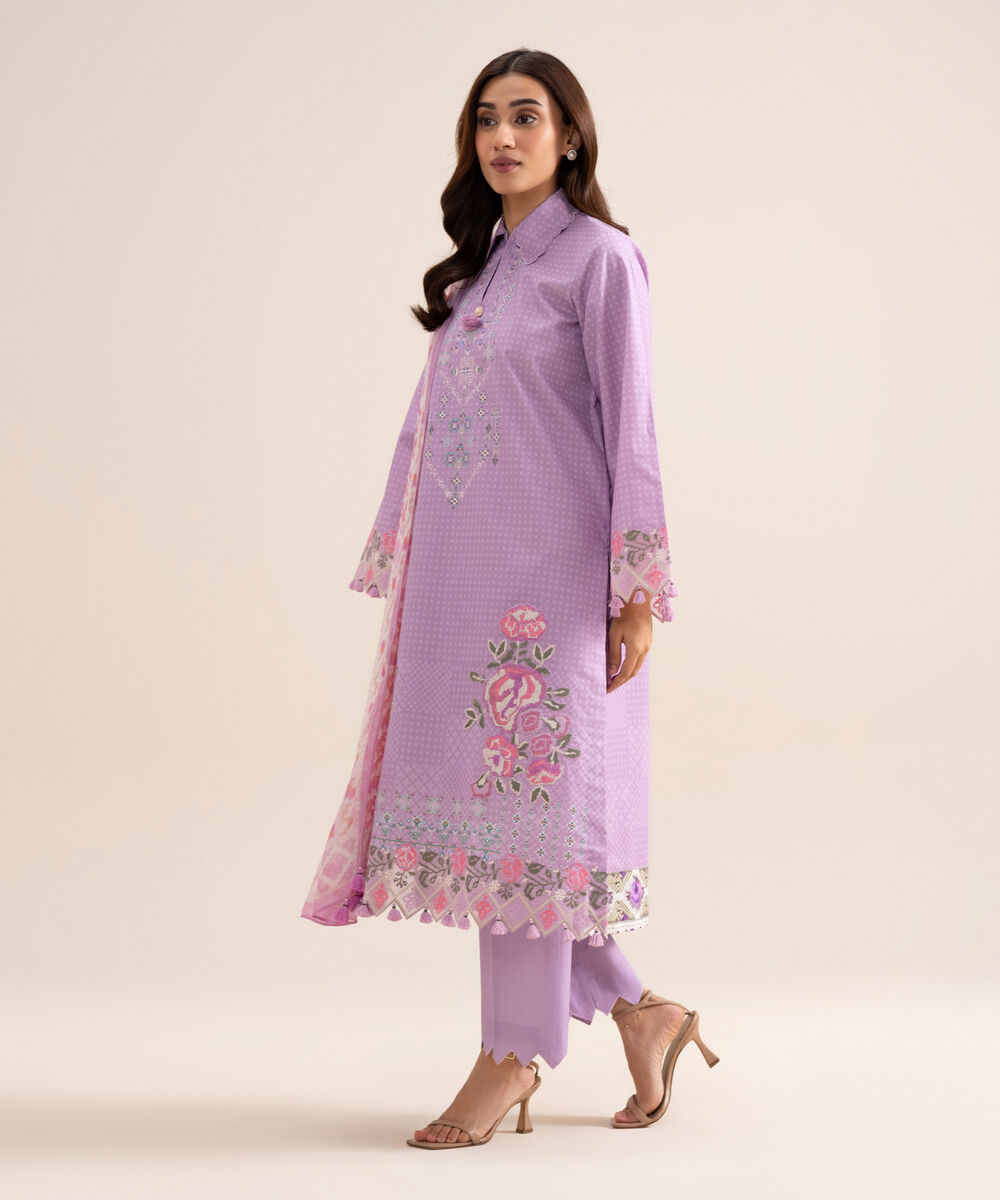 Women's Unstitched Zari Cotton Embroidered Lilac 3 Piece Suit