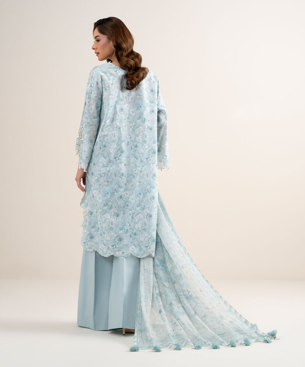 Women's Unstitched Lawn Embroidered Blue 3 Piece Suit
