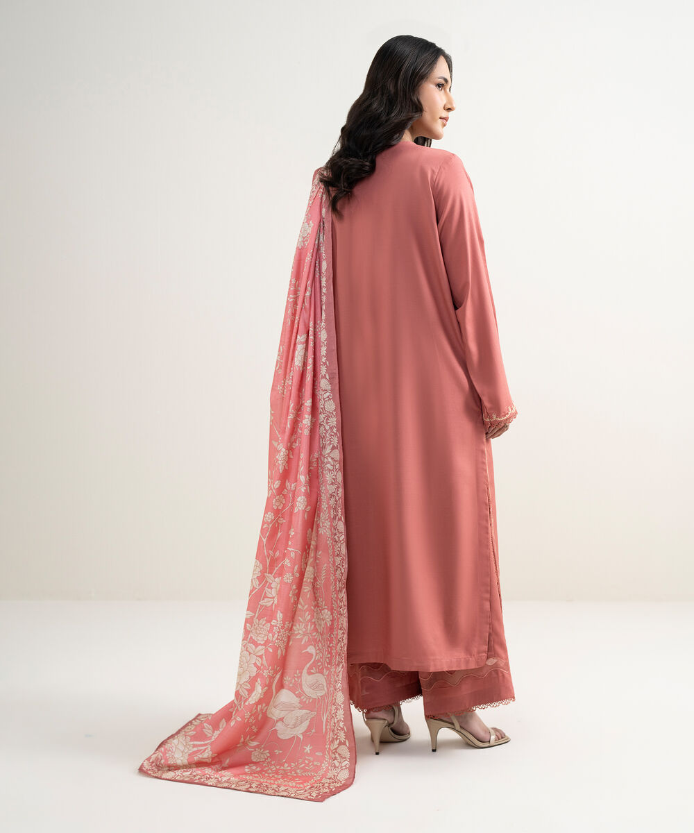 Women's RTW Cotton Viscose Embroidered Salmon 3 Piece Suit