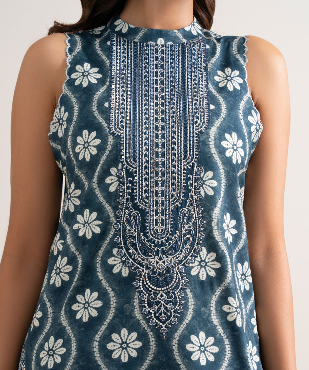 Women's Unstitched Embroidered Linen Blue 3 Piece Suit