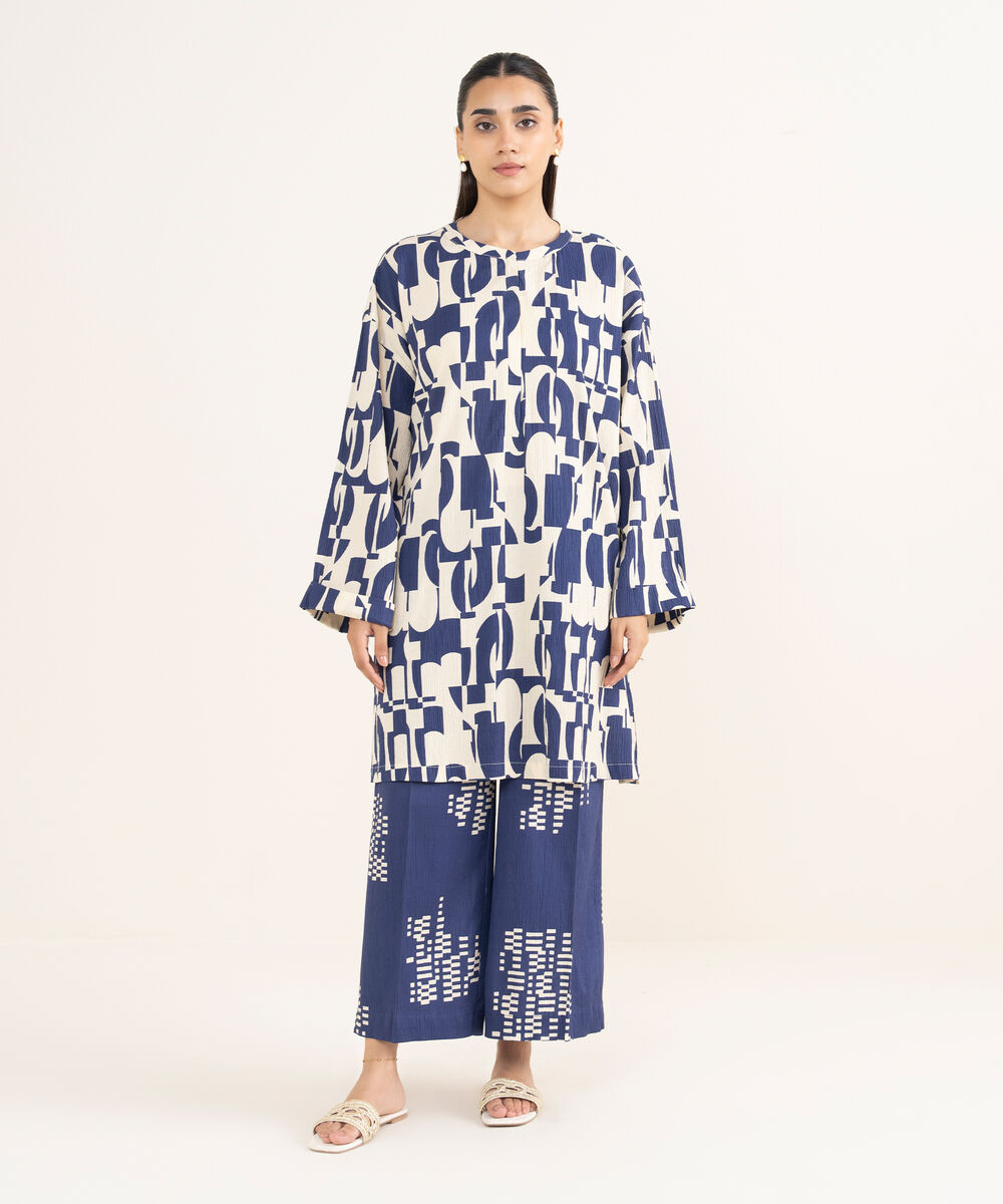 Women's RTW Seersucker Blue Printed Boxy Shirt