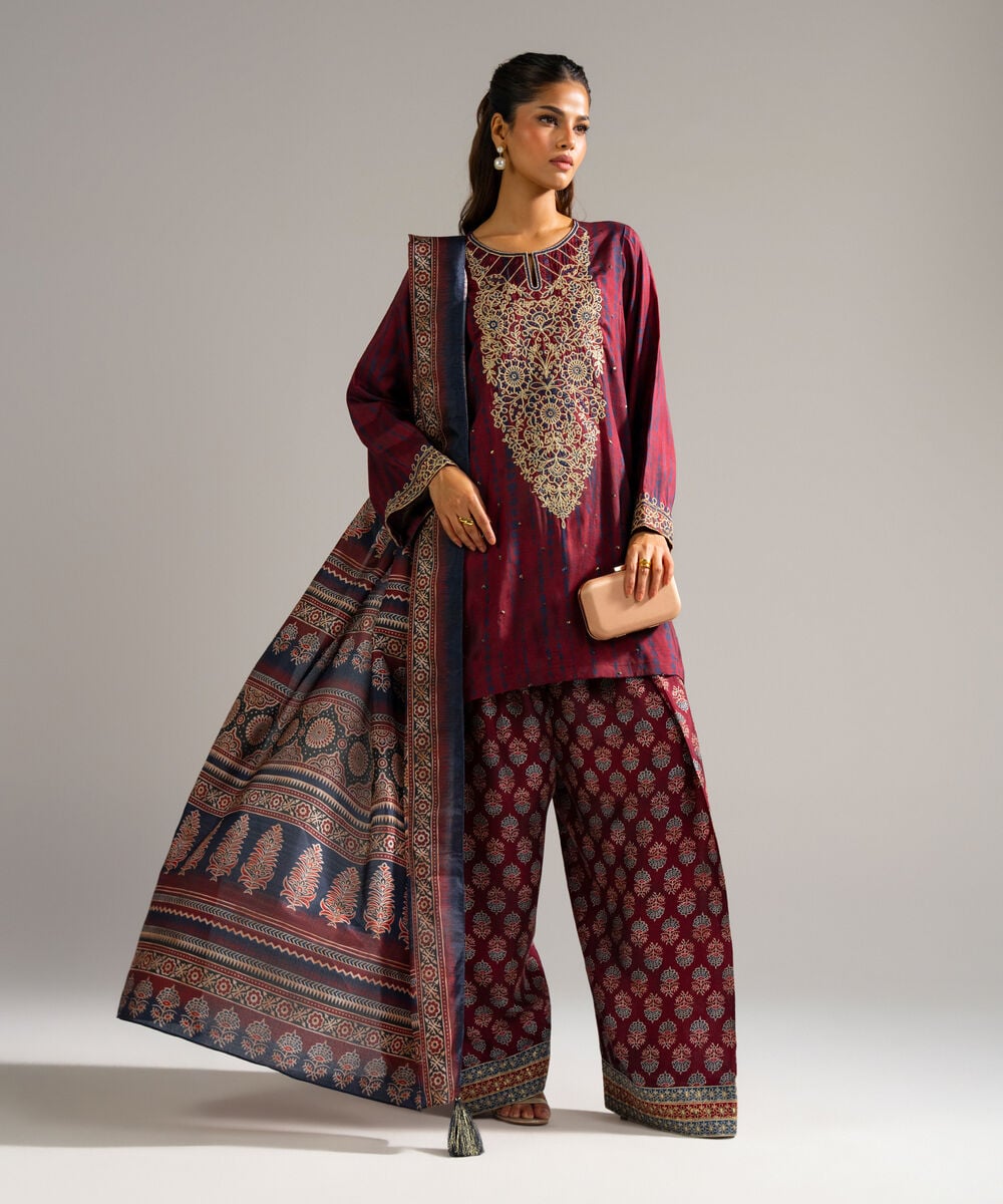 Women's RTW Bright Raw Silk Embroidered Maroon 3 Piece Suit