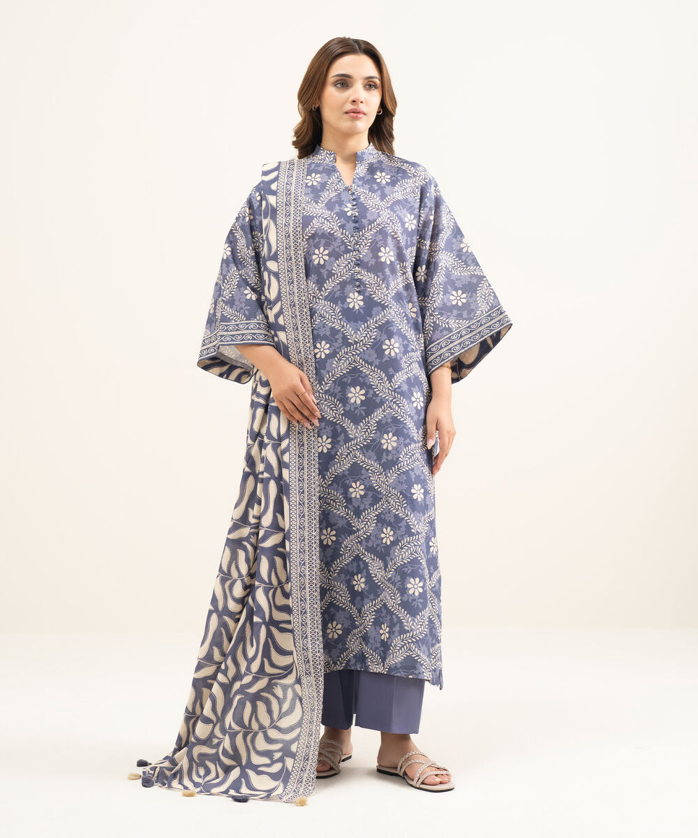 Women's Unstitched Lawn Purple Printed 3 Piece Suit