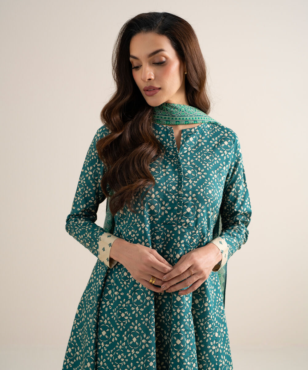 Women's Unstitched Lawn Printed Teal Green 3 Piece Suit