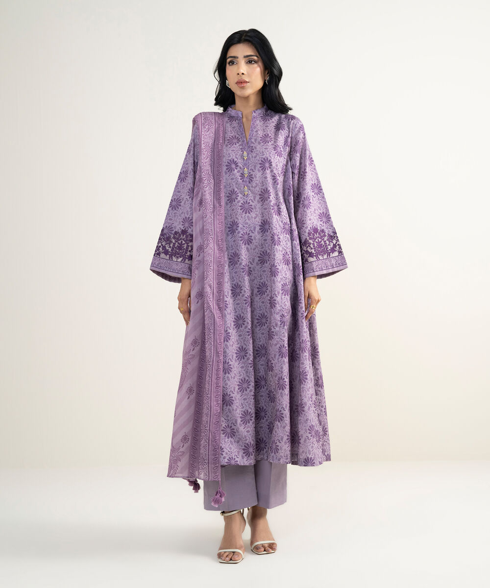 Women's Unstitched Lawn Embroidered Purple 3 Piece Suit