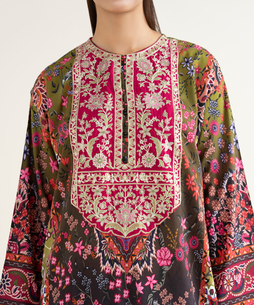 Women's RTW Linen Viscose Embroidered Green Drop Shoulder Shirt