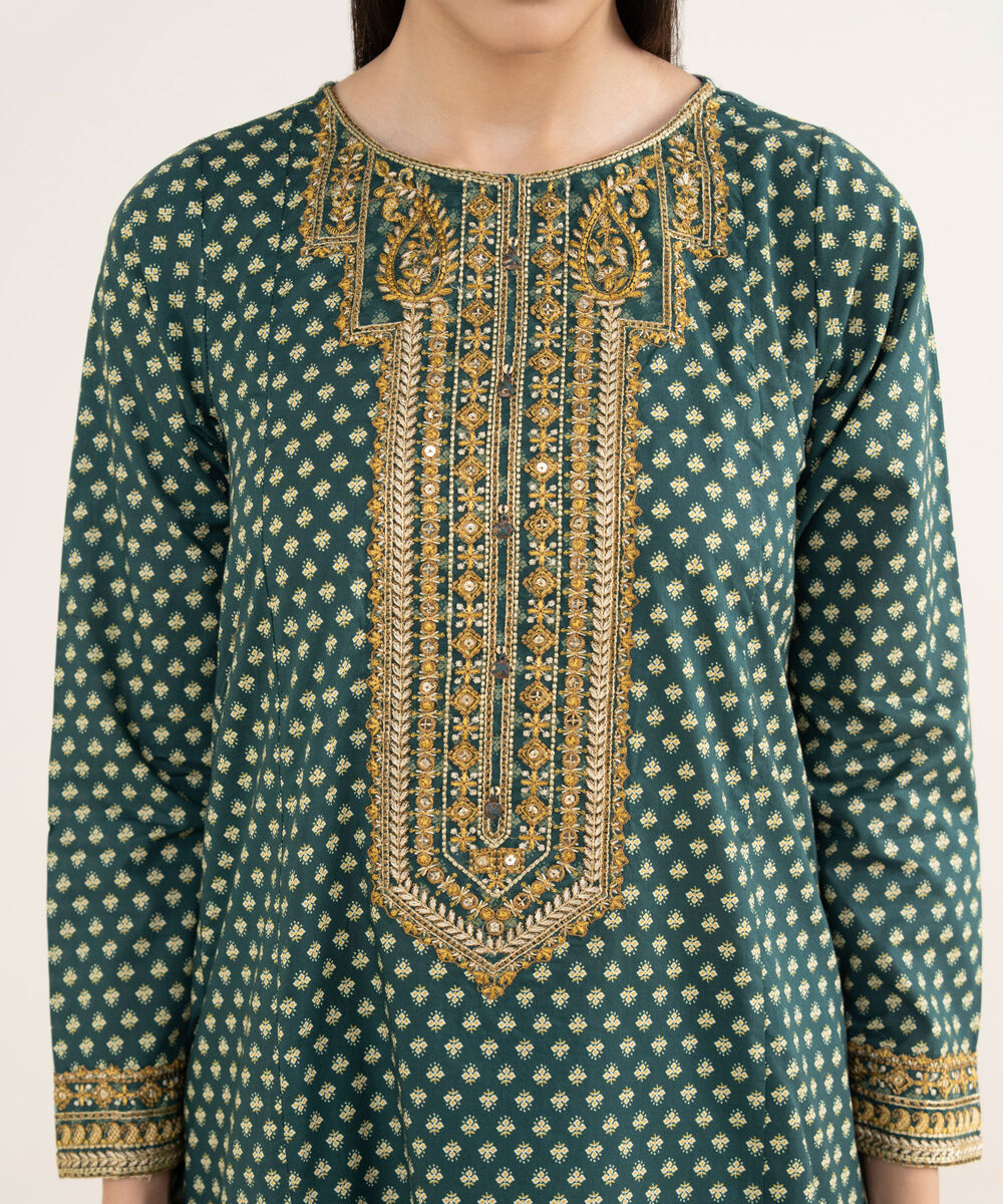 Women's RTW Cambric Green Embroidered A-Line Shirt