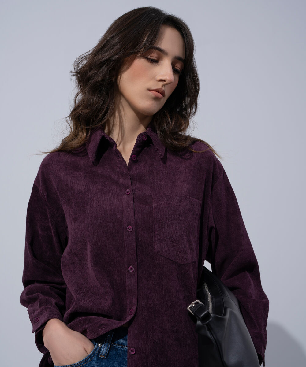 Women's Western Wear Plum Polyester Button Through Corduroy Shirt