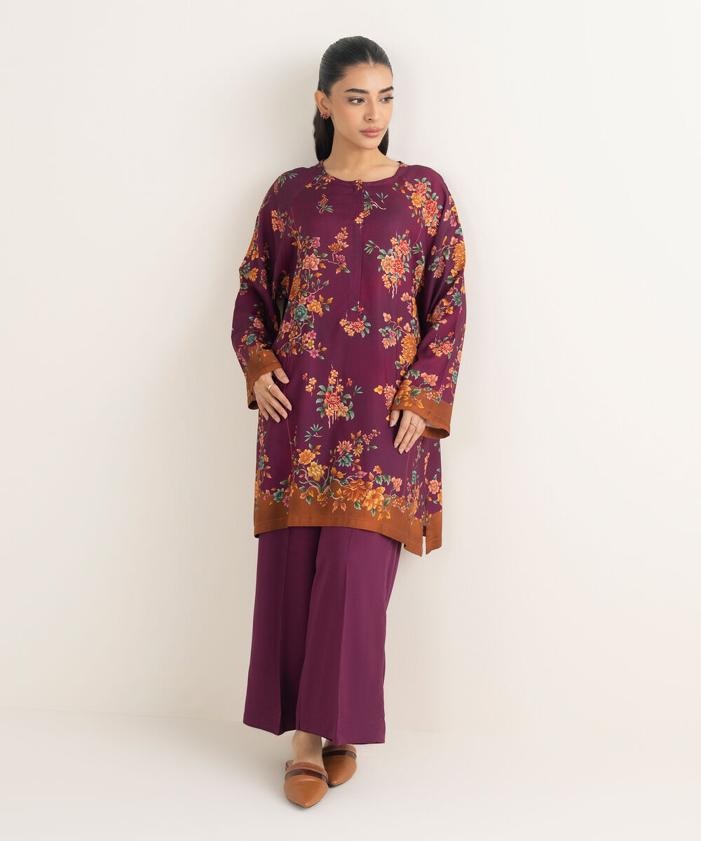 Women's RTW Linen Printed Purple 2 Piece Suit