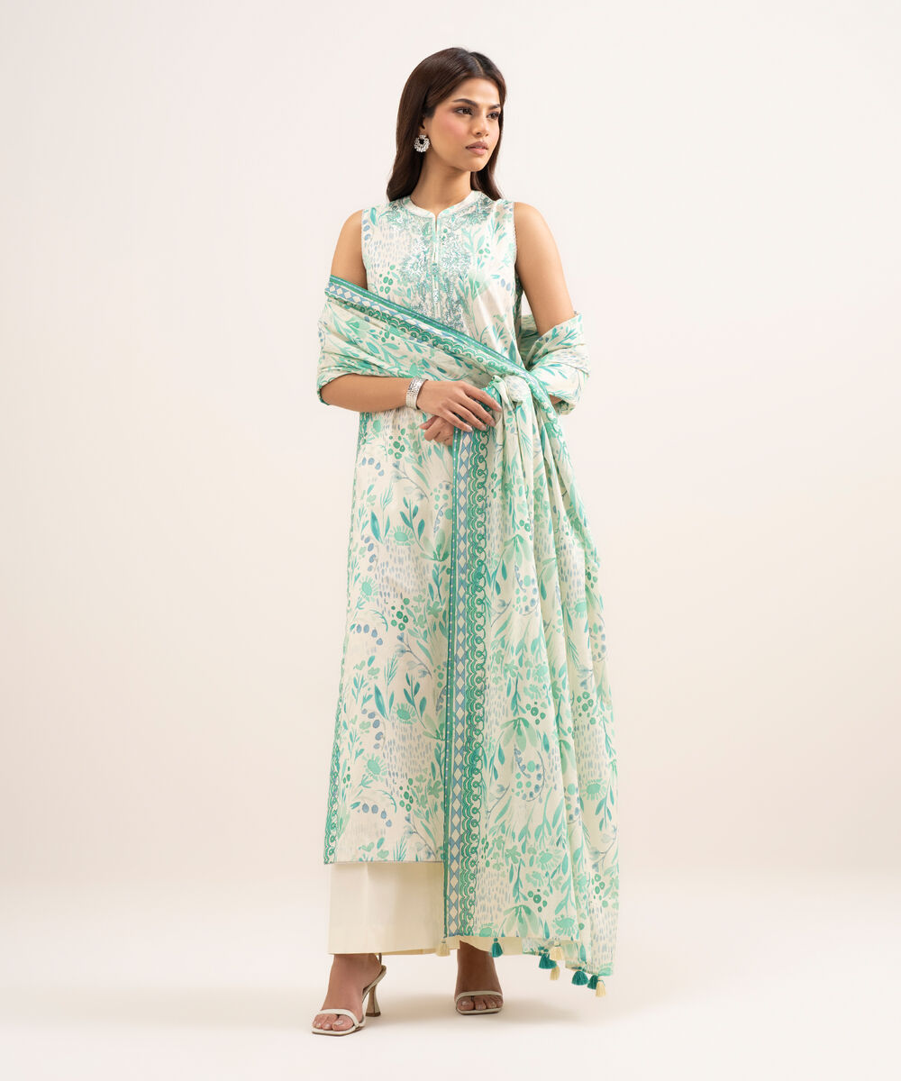 Women's Unstitched Lawn Embroidered Green 3 Piece Suit