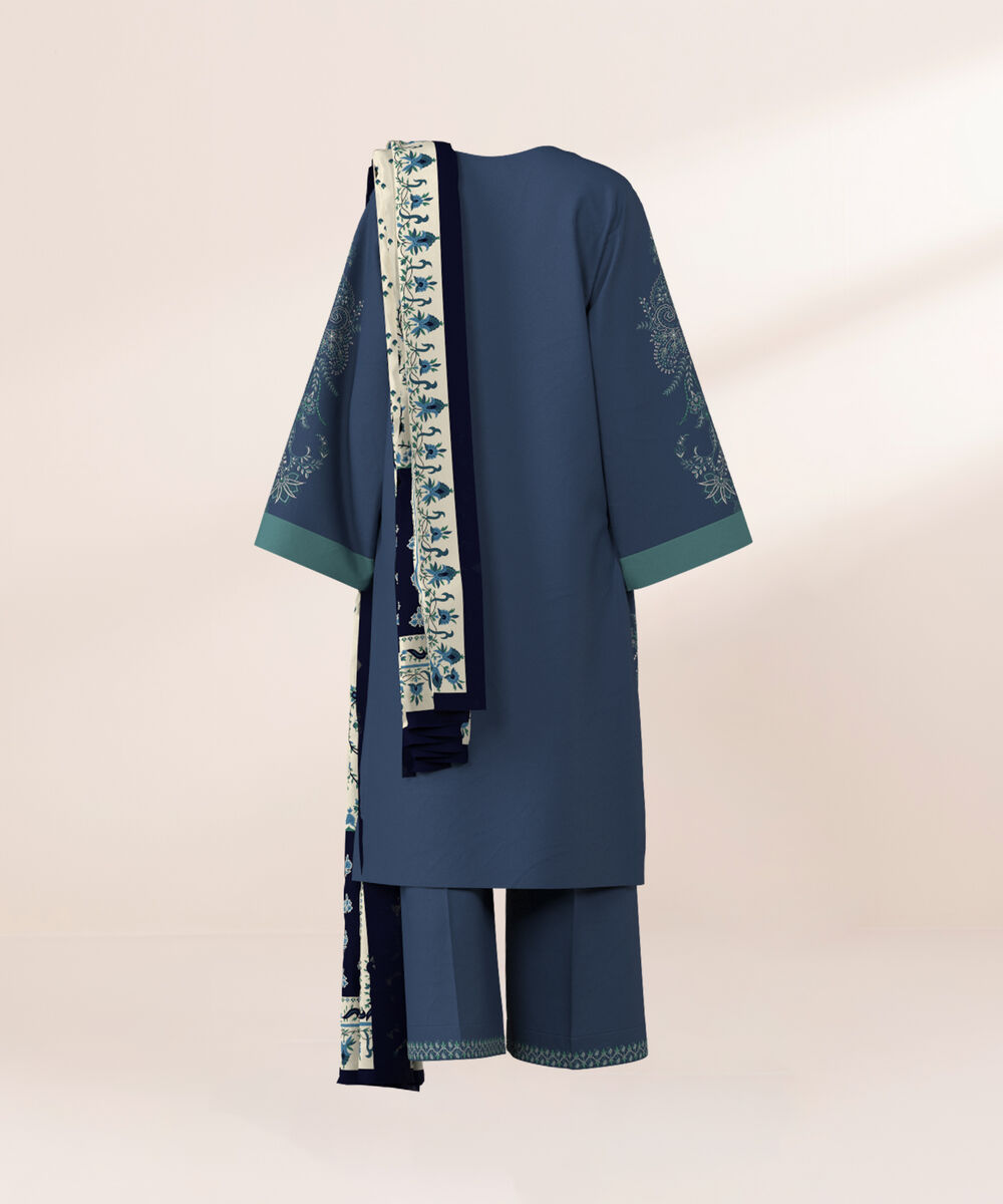 Women's Unstitched Twill Embroidered Blue  3 Piece Suit