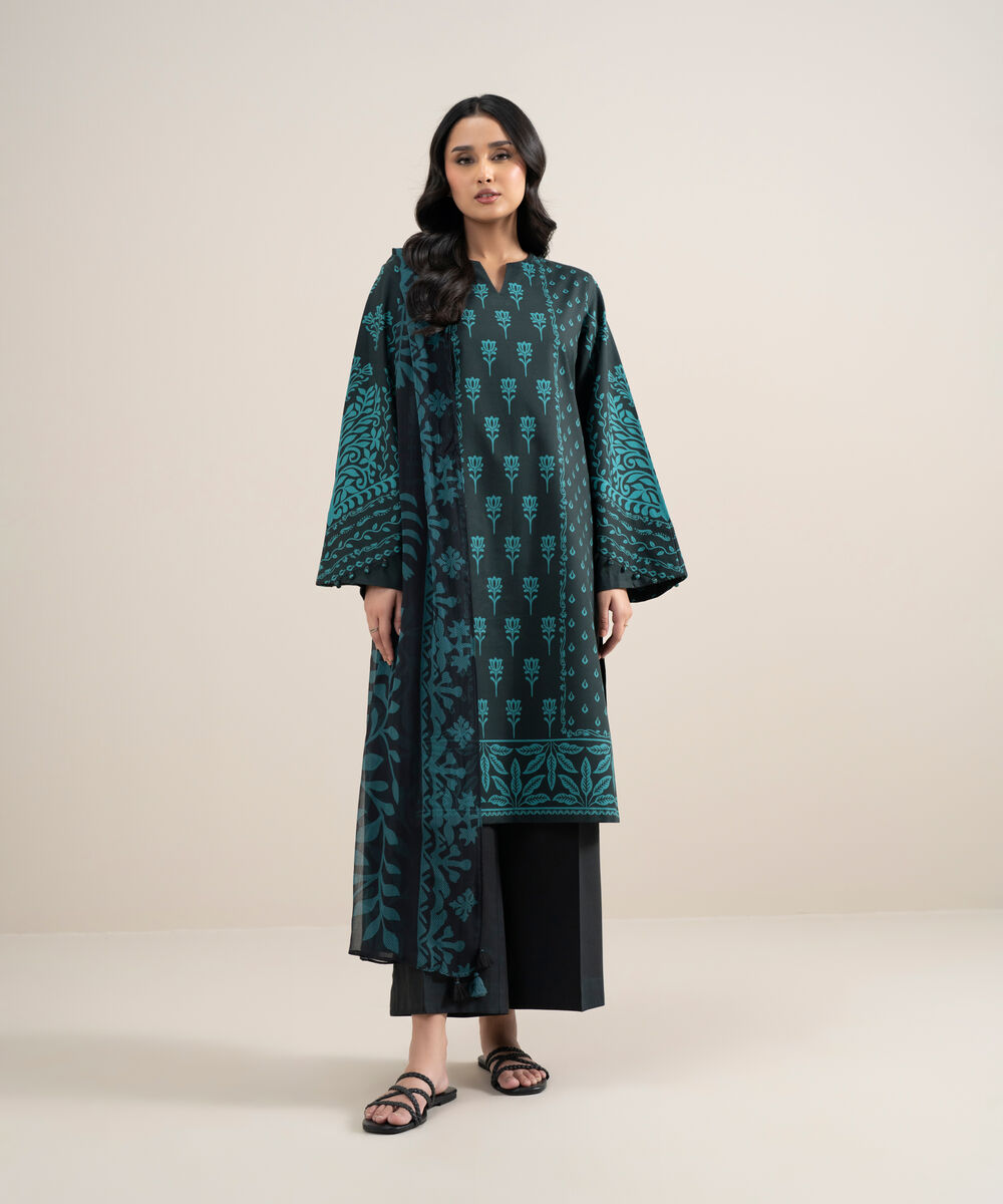 Women's Unstitched Lawn Printed Black and Teal 3 Piece Suit