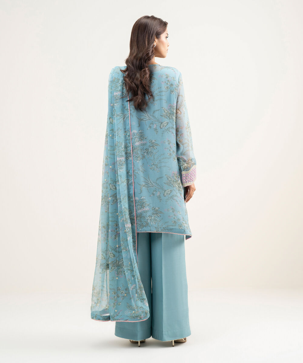 Women's RTW Blended Chiffon Embroidered Blue 3 Piece Suit