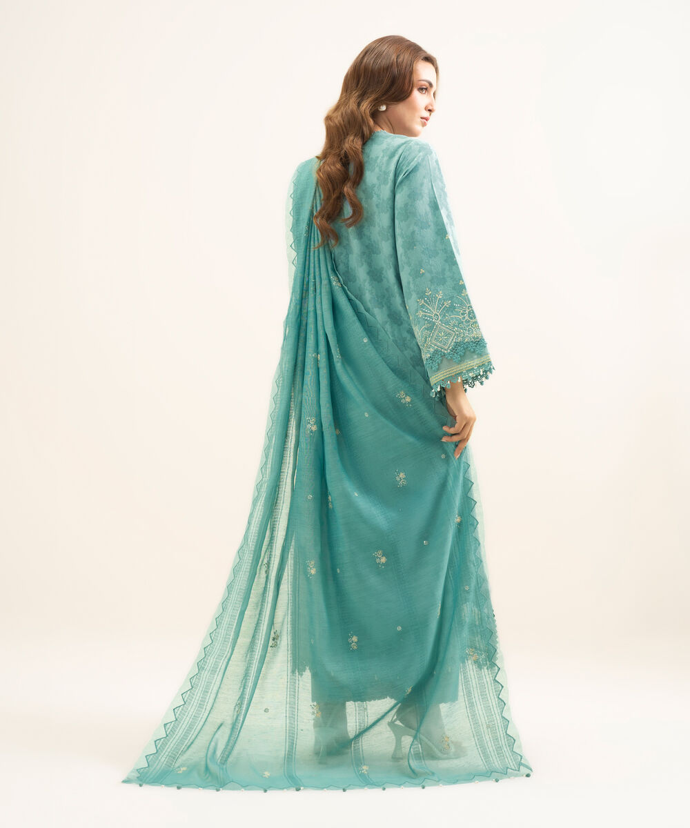 Women's Unstitched Cotton Jacquard Embroidered Blue 3 Piece Suit