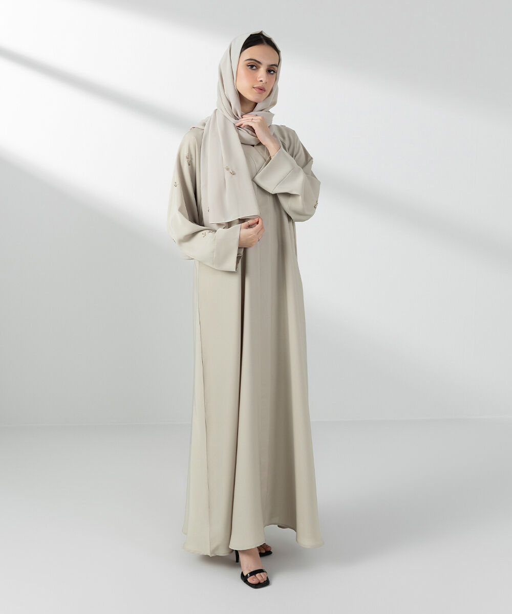 Woman - Beige Hand Embellished Abaya Set