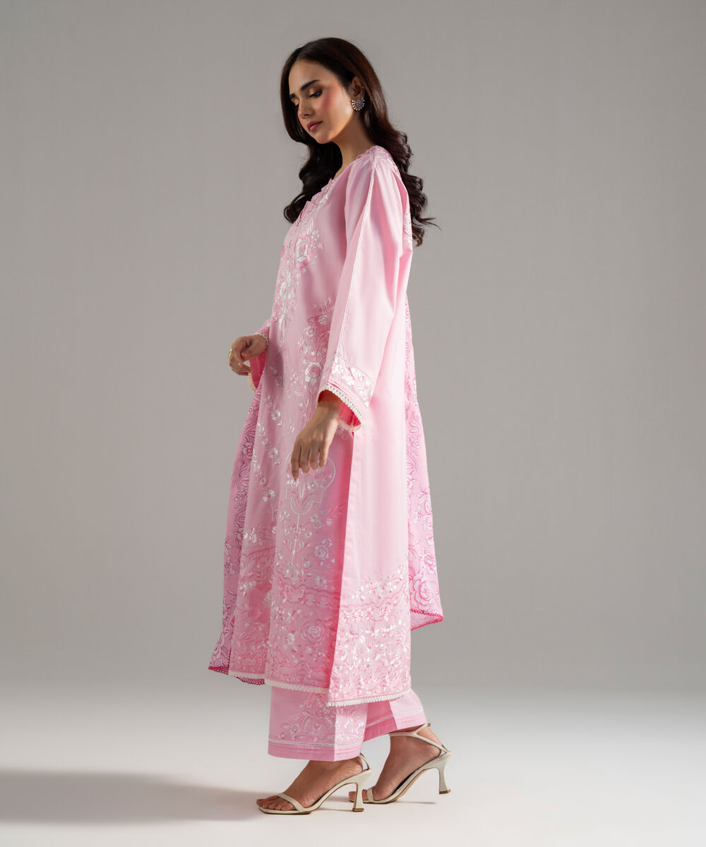 Women's RTW Cambric Solid Embroidered Pink 3 Piece Suit
