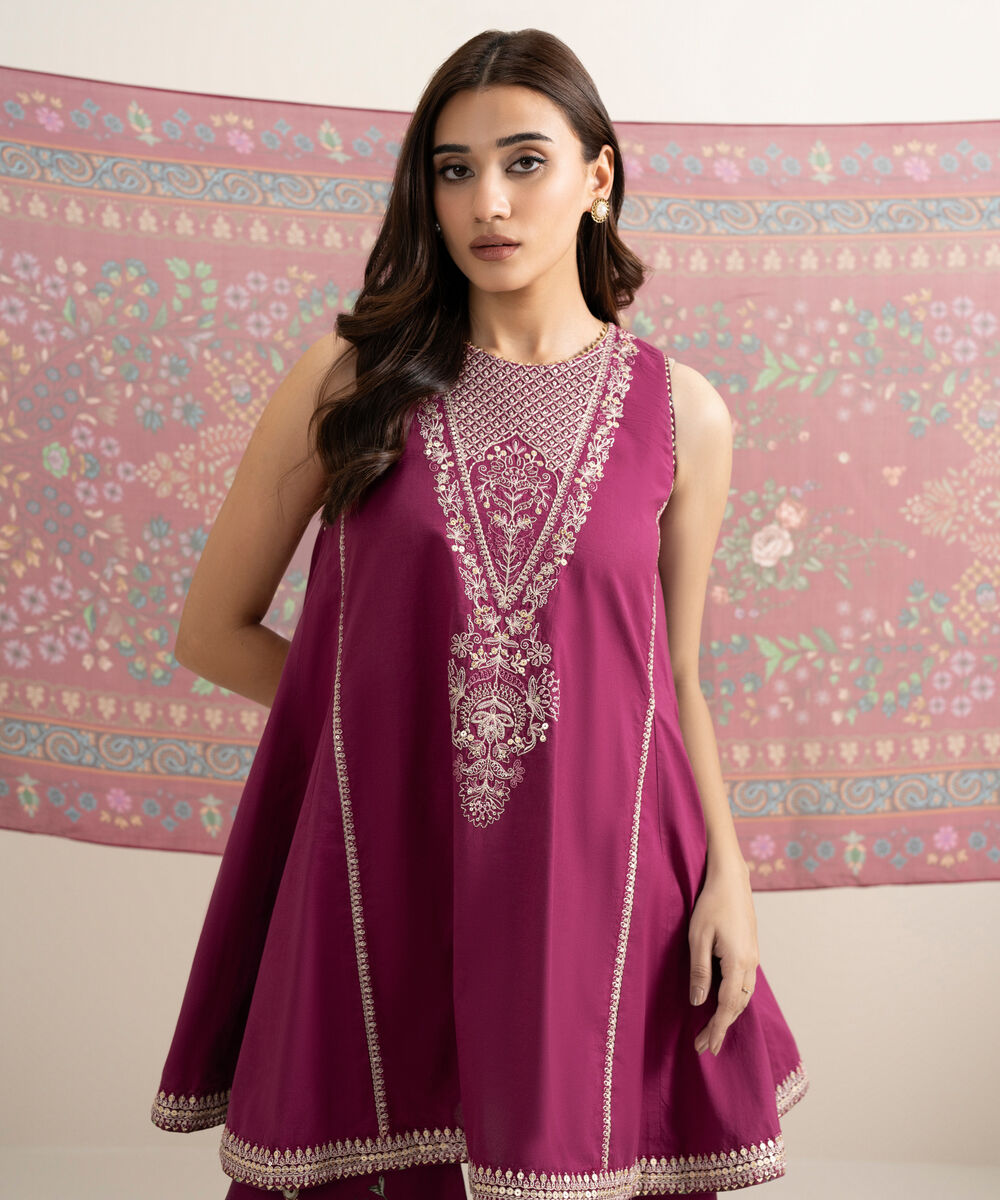 Women's Unstitched Lawn Embroidered Fuchsia Pink 3 Piece Suit