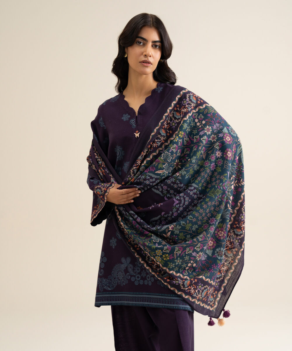 Women's Unstitched Premium Khaddar Printed Plum 3 Piece Suit