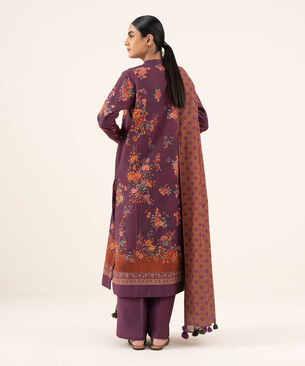Women's Unstitched Khaddar Printed Purple 3 Piece Suit