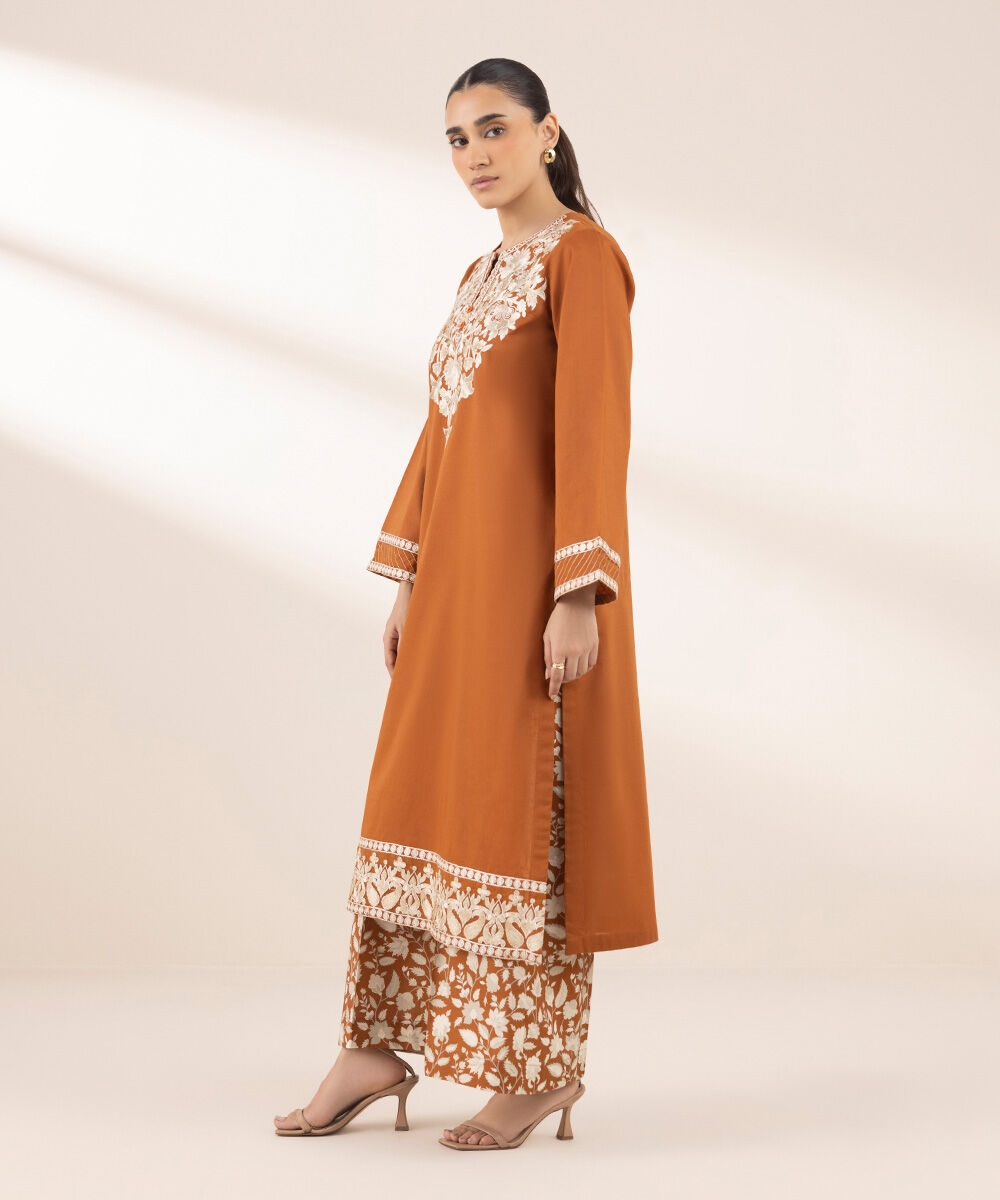 Women's RTW Textured Lawn Brown Embroidered A-Line Shirt