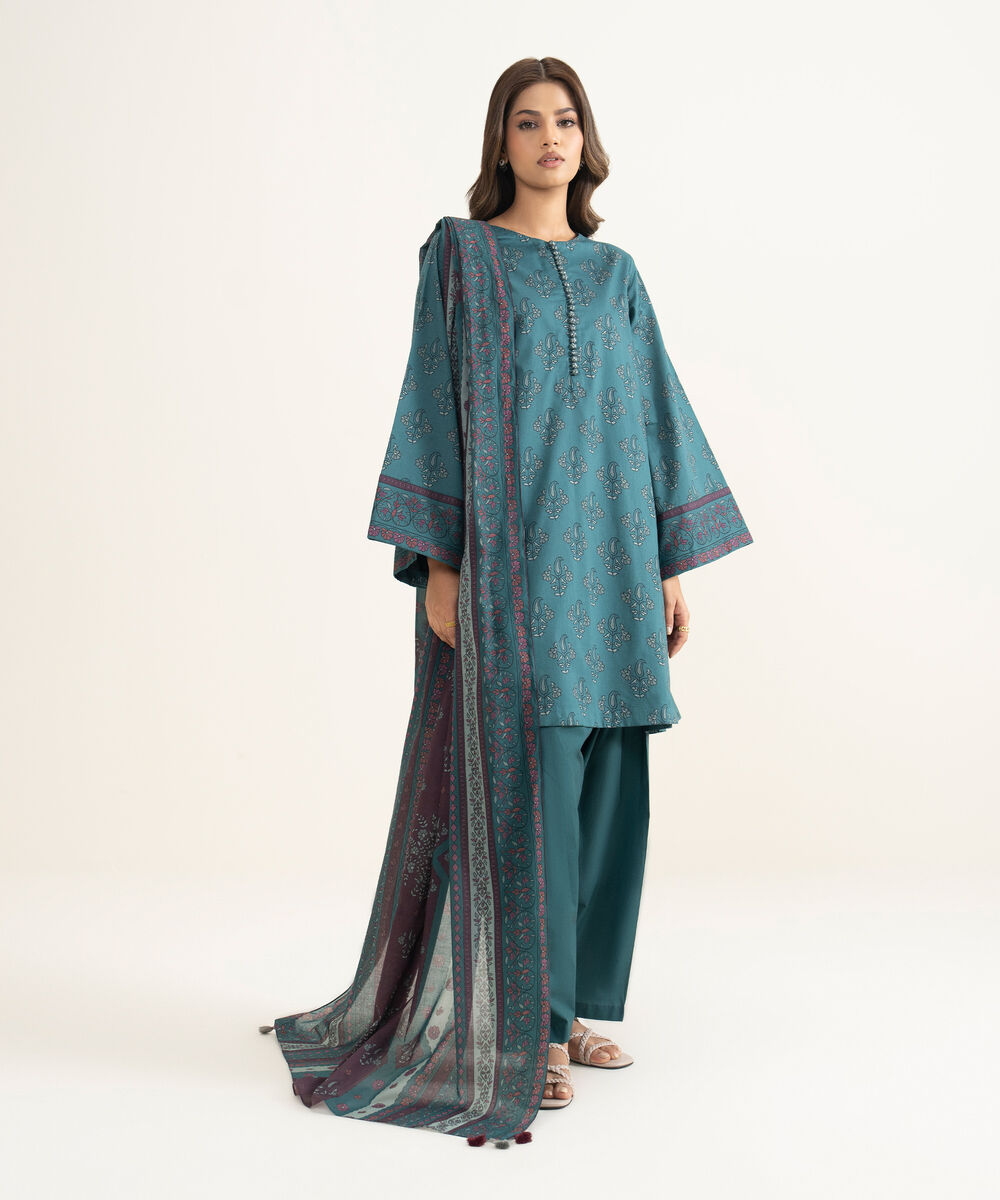 Women's Unstitched Lawn Printed Blue 3 Piece Suit