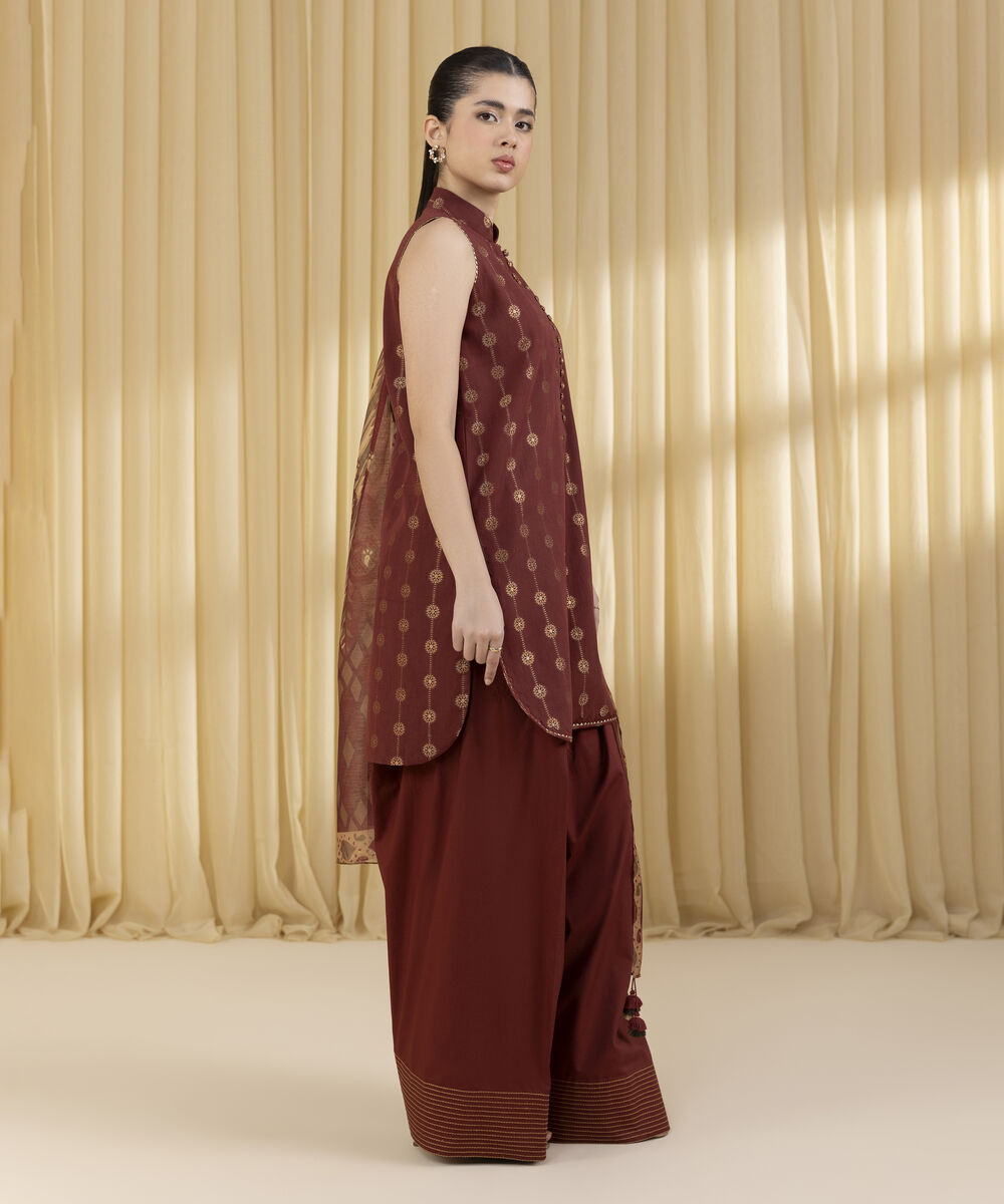 Unstitched Women's Red Extra Weft Jacquard 3 Piece Suit