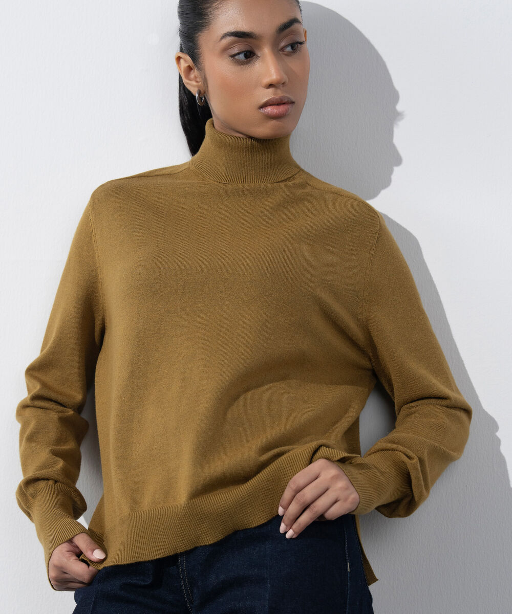 Women's Western Wear Olive Green Turtle Neck Knit Sweater