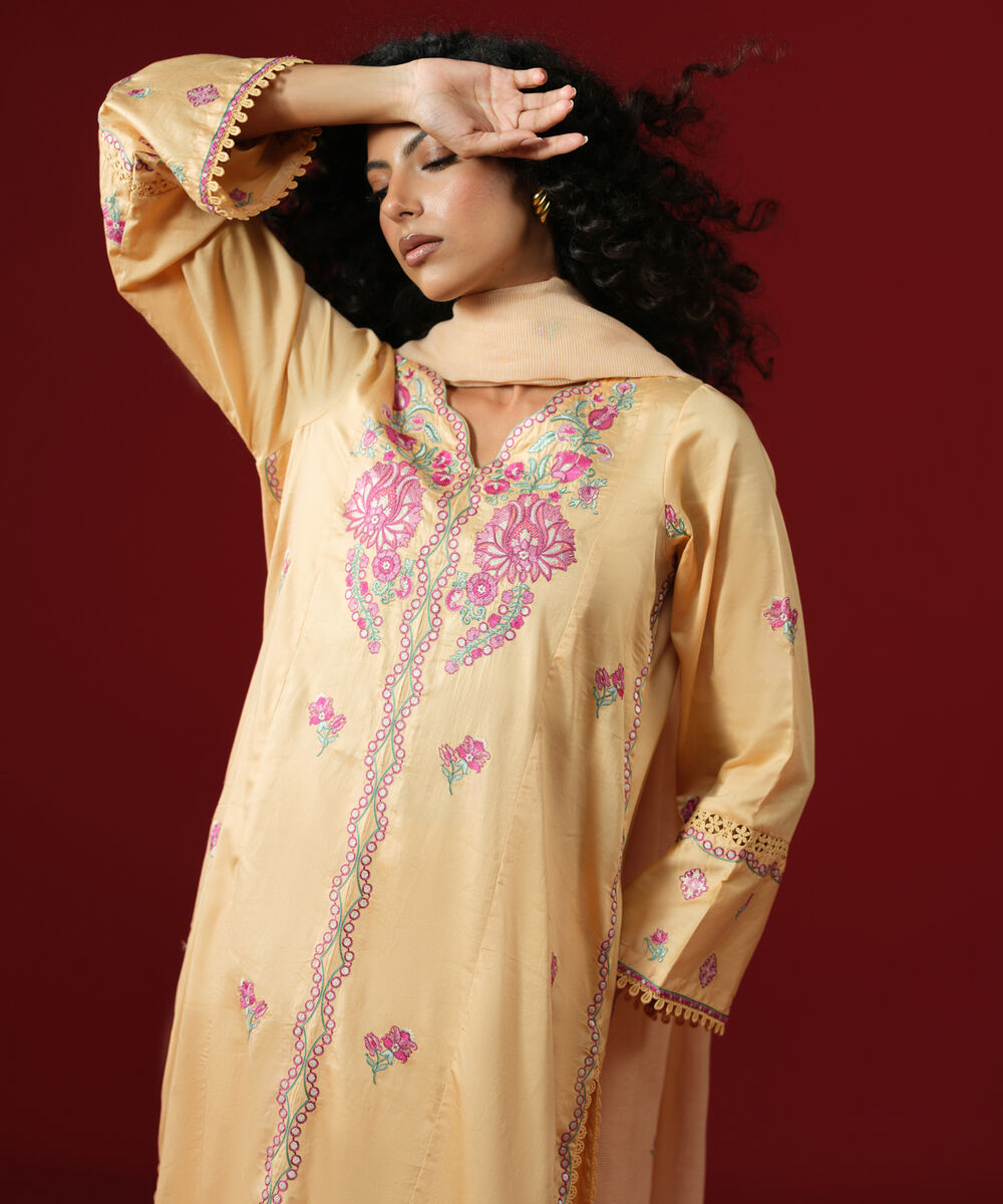 Women's RTW Cotton Satin Orange Embroidered A-Line Shirt