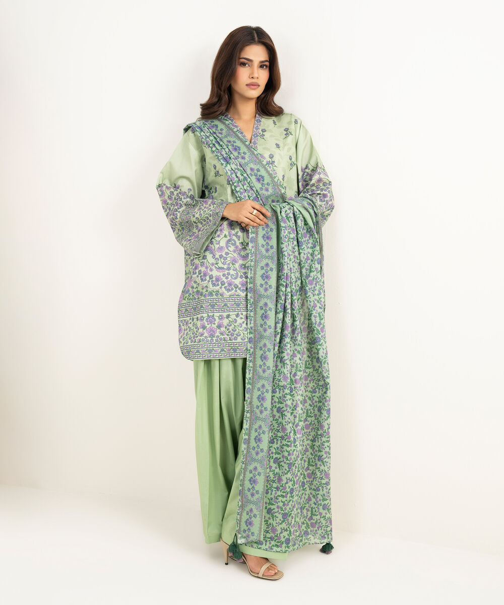 Women's Unstitched Zari Lawn Embroidered Green 3 Piece Suit