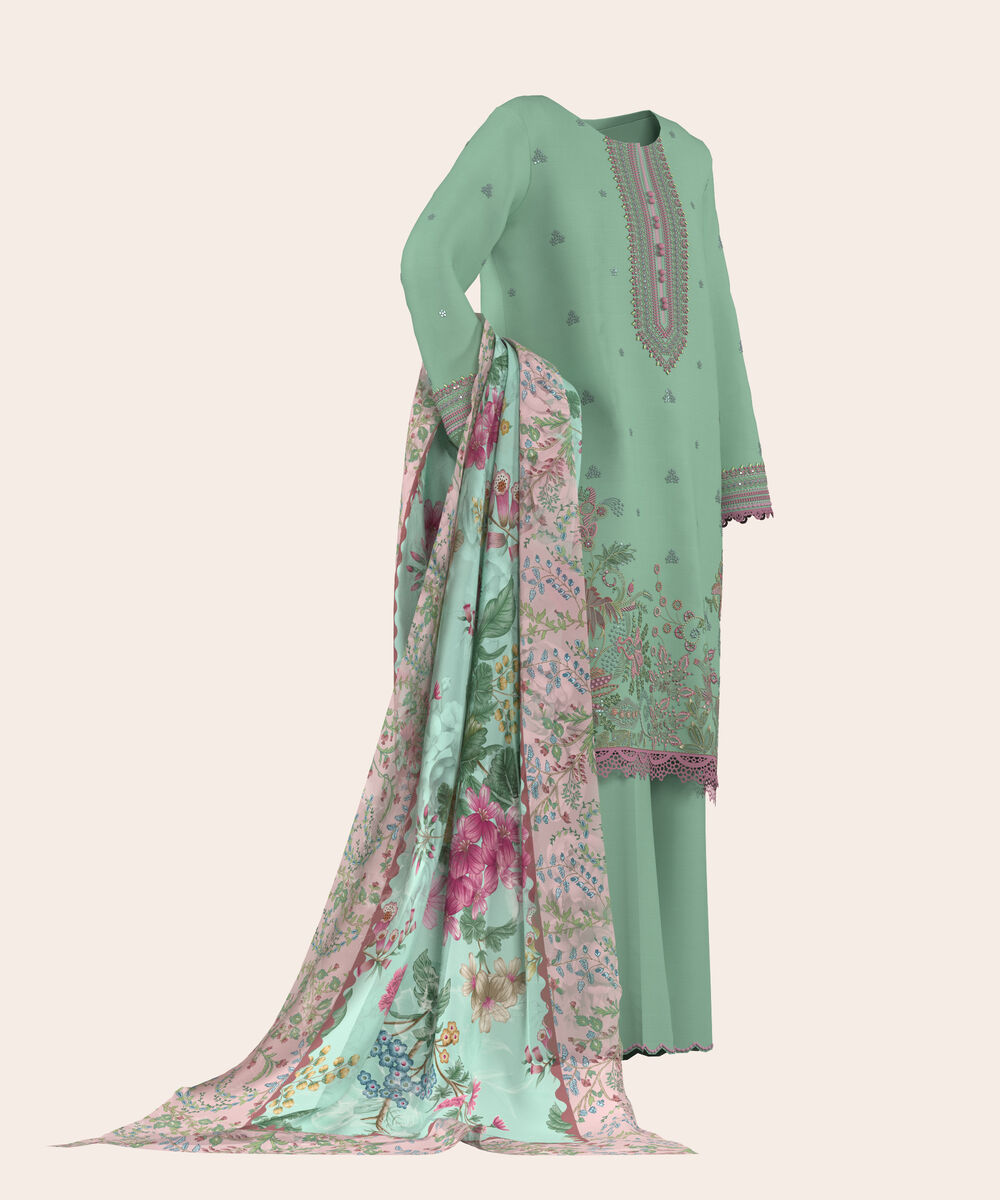 Women's Unstitched Self Jacquard Sea Green  Embroidered 3 Piece Suit