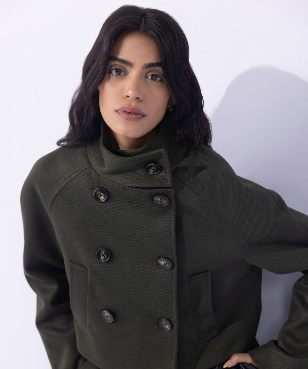 Cropped Double-Breasted Coat Woman - Green Cropped Double-Breasted Coat