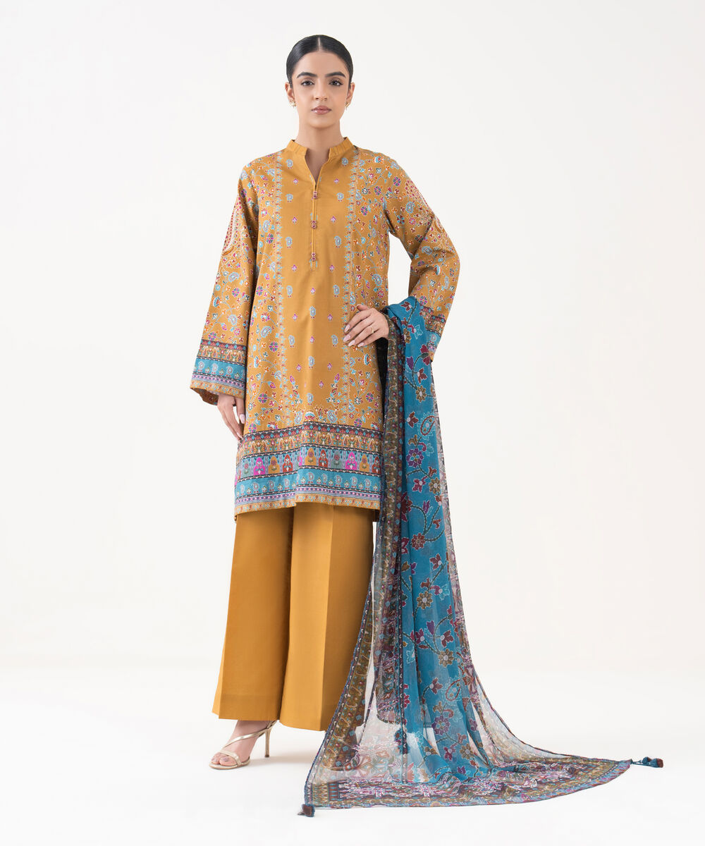 Women's Unstitched Cotton Viscose Printed Orange 3 Piece Suit