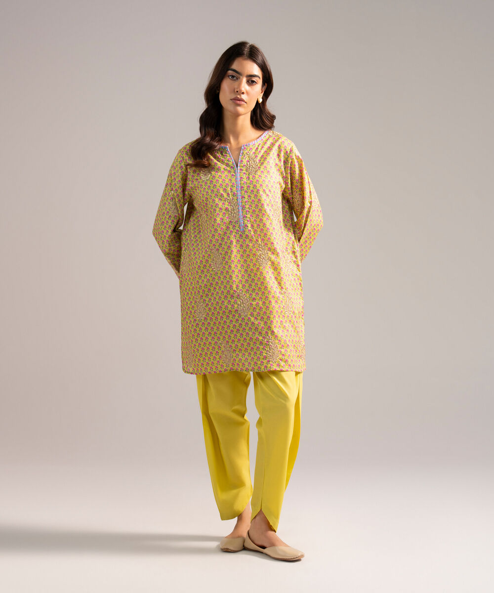 Women's RTW Zari Lawn Embroidered Lime Green Straight Shirt