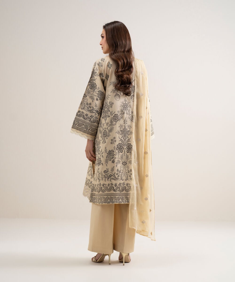 Women's Unstitched Extra Weft Jacquard Embroidered Beige 3 Piece Suit