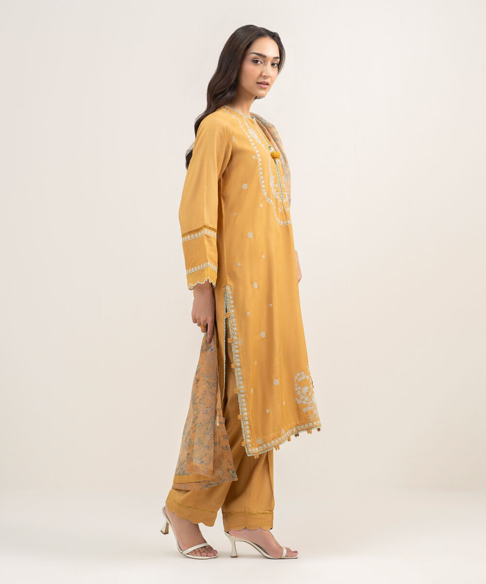 Women's RTW Viscose Raw Silk Embroidered Mustard Brown 3 Piece Suit