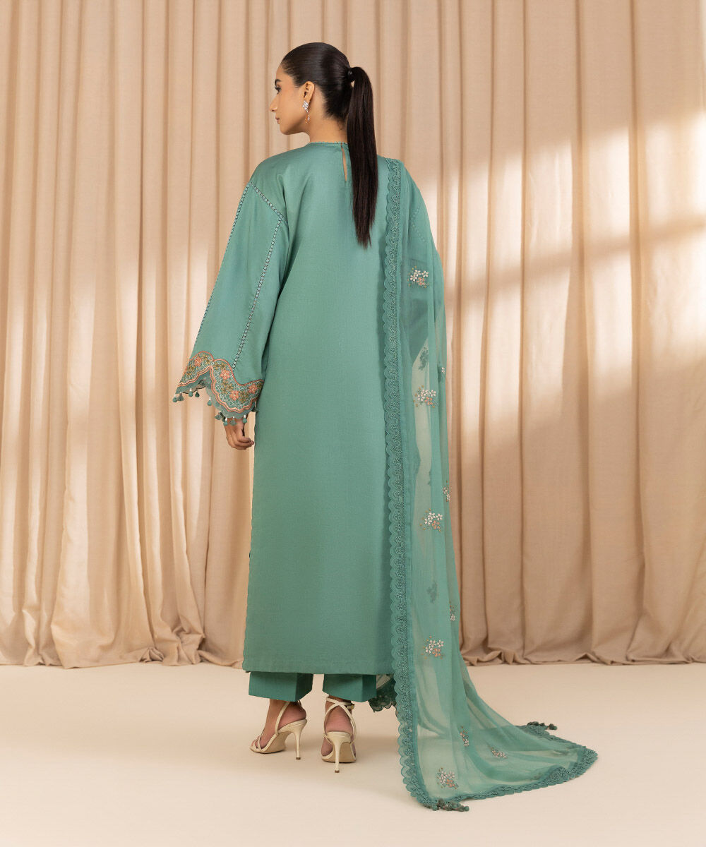 Unstitched Women's Embroidered Fine Cotton Satin Green Three Piece Suit