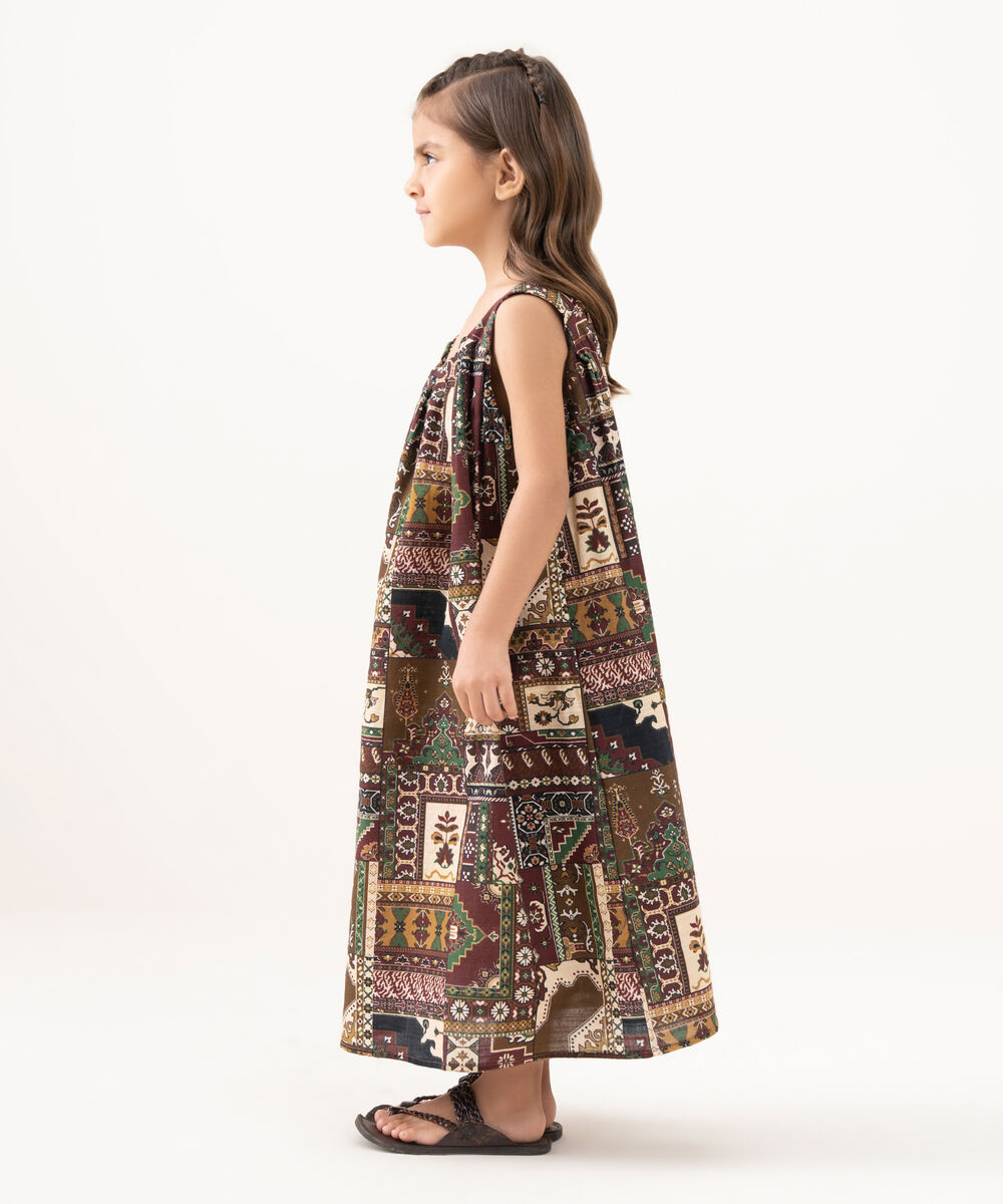Girl's Light Khaddar Printed Brown A-Line Shirt