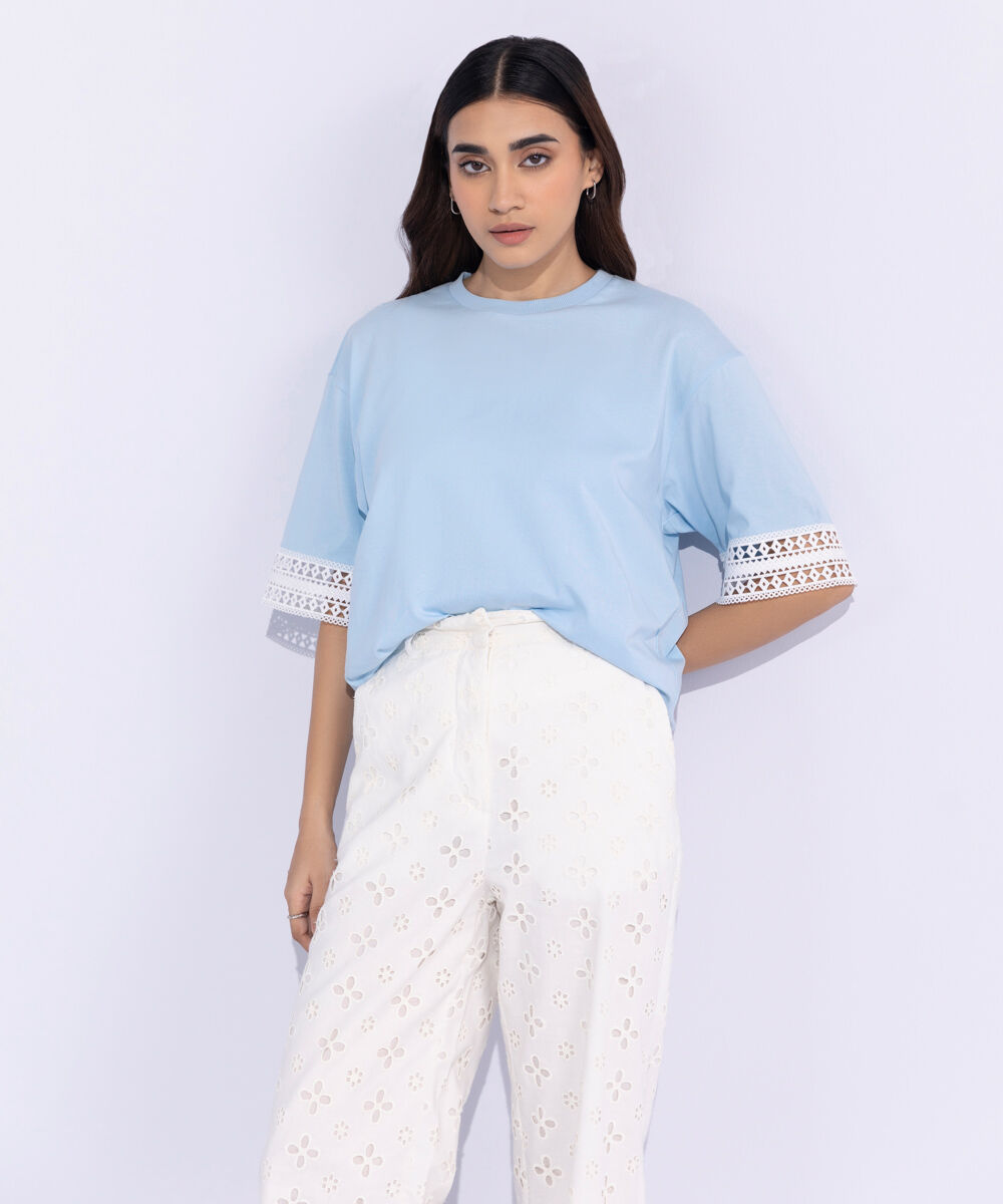 Women's Western Wear Blue Lace Trim T-Shirt