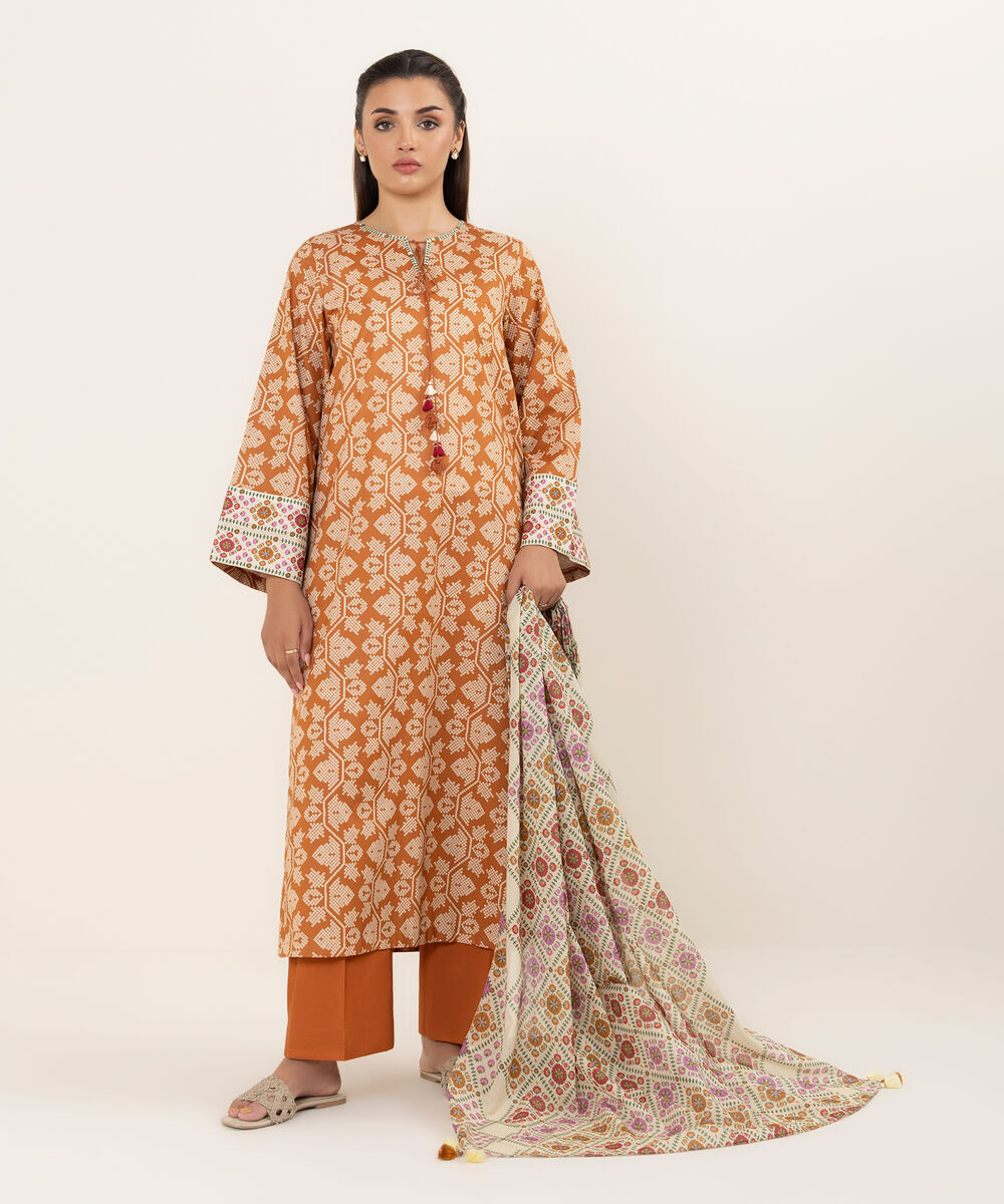Women's Unstitched Lawn Printed Rust 3 Piece Suit