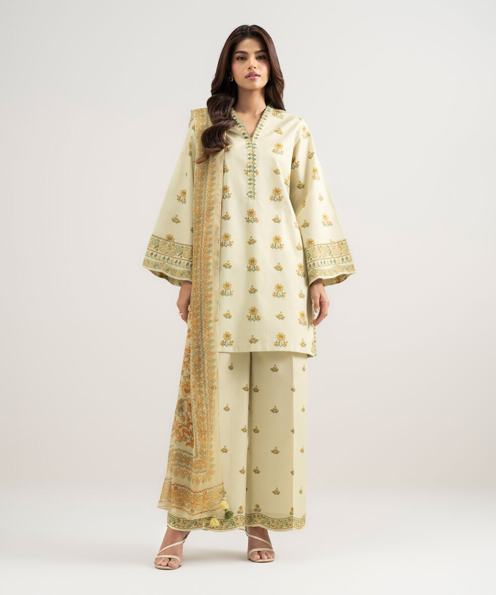 Women's Unstitched Lawn Printed Yellow 3 Piece Suit