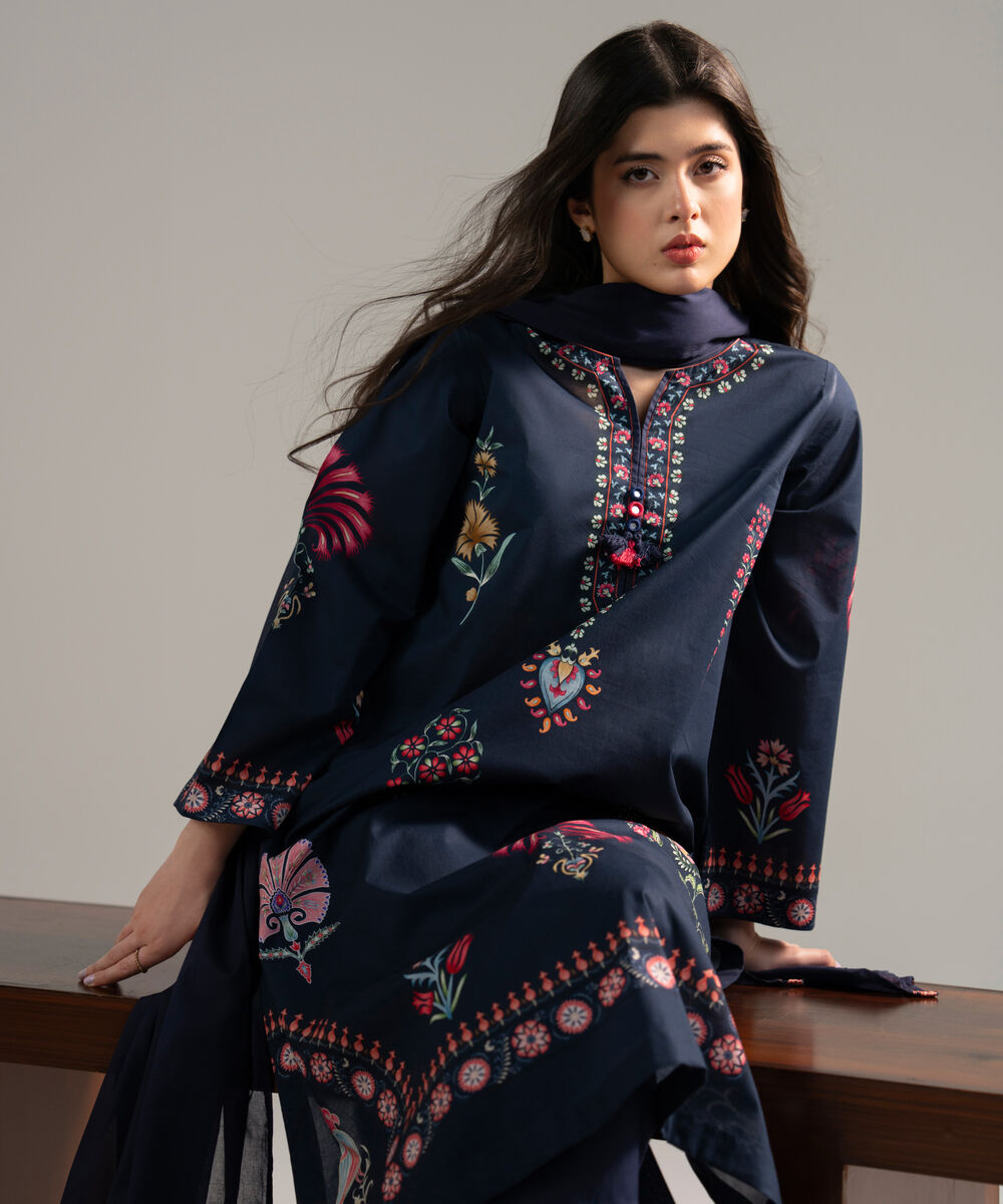 Women's RTW Lawn Printed Dark Blue 3 Piece Suit