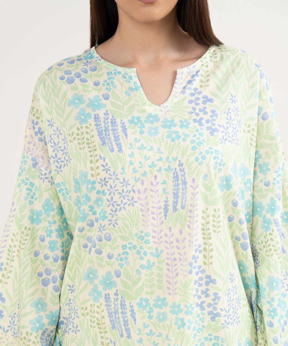 Women's RTW Lawn Off White Embroidered Drop Shoulder Shirt