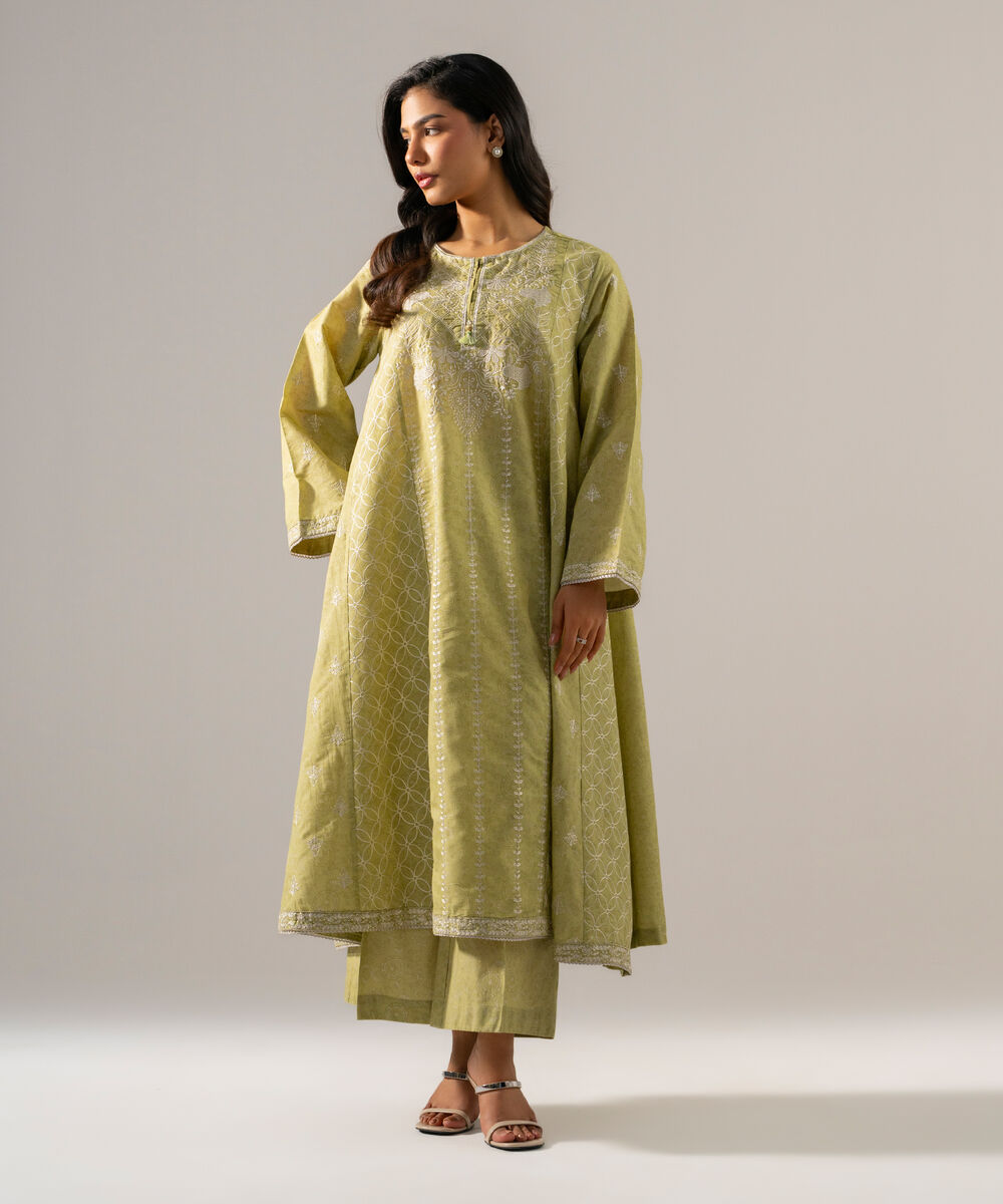 Women's RTW Fancy Cotton Printed Embroidered Green 2 Piece Suit